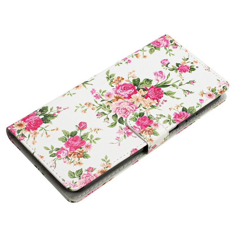 For Motorola Moto G35 5G Wallet Case PU Leather Pattern Printing Stand Phone Cover with Strap - Red Flowers