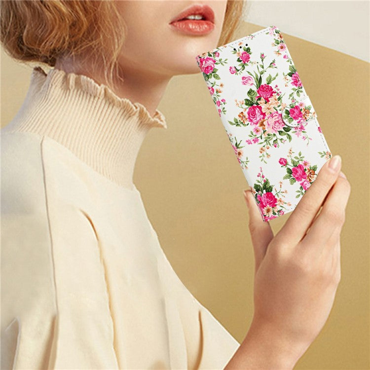 For Motorola Moto G35 5G Wallet Case PU Leather Pattern Printing Stand Phone Cover with Strap - Red Flowers