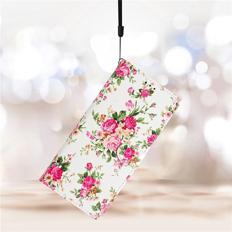For Motorola Moto G35 5G Wallet Case PU Leather Pattern Printing Stand Phone Cover with Strap - Red Flowers
