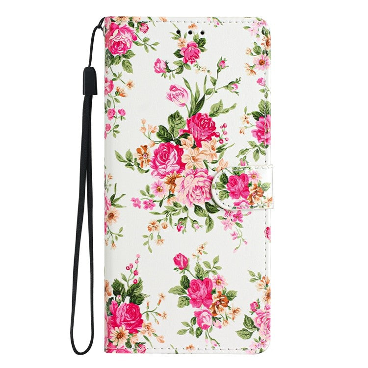 For Motorola Moto G35 5G Wallet Case PU Leather Pattern Printing Stand Phone Cover with Strap - Red Flowers