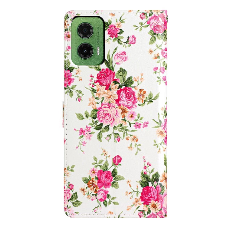 For Motorola Moto G35 5G Wallet Case PU Leather Pattern Printing Stand Phone Cover with Strap - Red Flowers