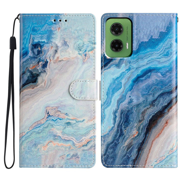 For Motorola Moto G35 5G Wallet Case PU Leather Pattern Printing Stand Phone Cover with Strap - Blue Marble