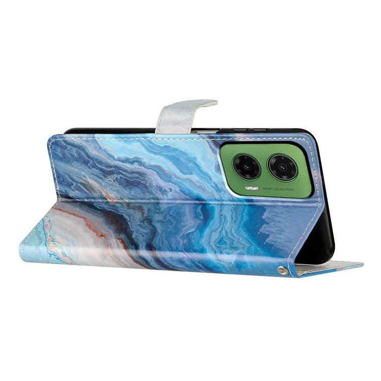 For Motorola Moto G35 5G Wallet Case PU Leather Pattern Printing Stand Phone Cover with Strap - Blue Marble