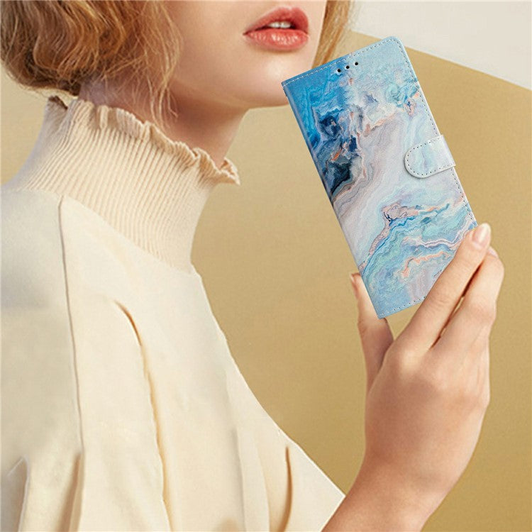 For Motorola Moto G35 5G Wallet Case PU Leather Pattern Printing Stand Phone Cover with Strap - Blue Marble