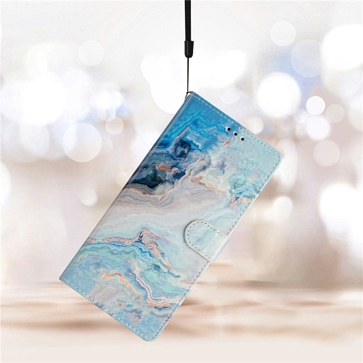 For Motorola Moto G35 5G Wallet Case PU Leather Pattern Printing Stand Phone Cover with Strap - Blue Marble