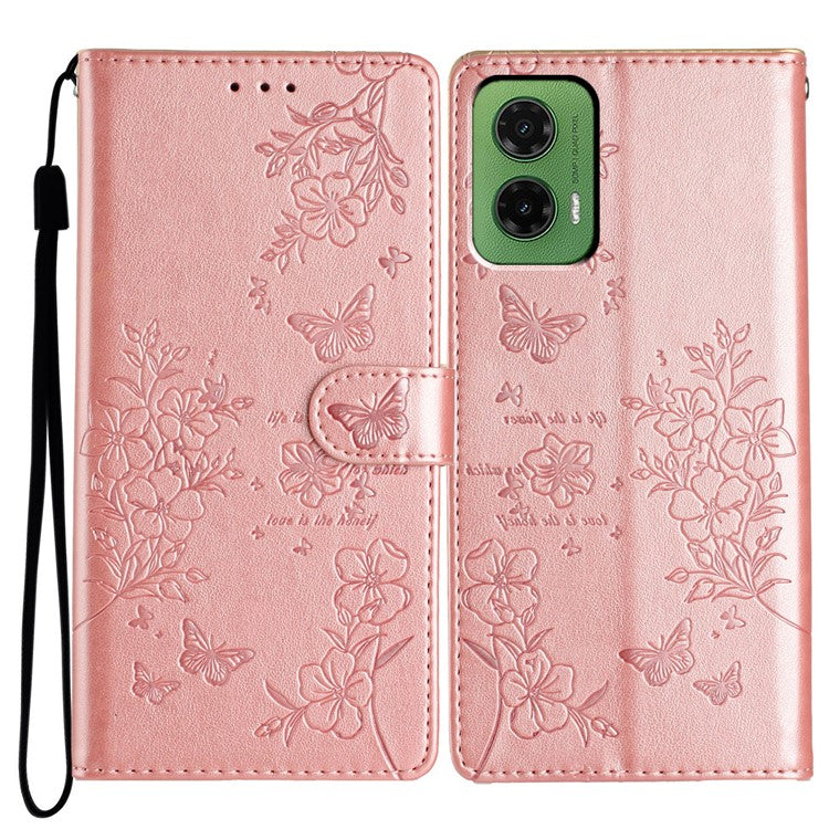 For Motorola Moto G35 5G Wallet Phone Case Butterfly Floral Imprint Leather Flip Cover - Rose Gold