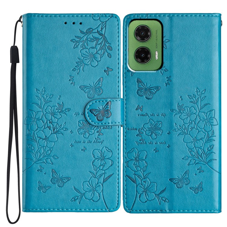 For Motorola Moto G35 5G Wallet Phone Case Butterfly Floral Imprint Leather Flip Cover - Blue