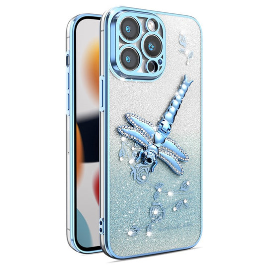 KADEM For iPhone 14 Pro Case Dragonfly Kickstand TPU Flowers Glitter Phone Cover - Blue