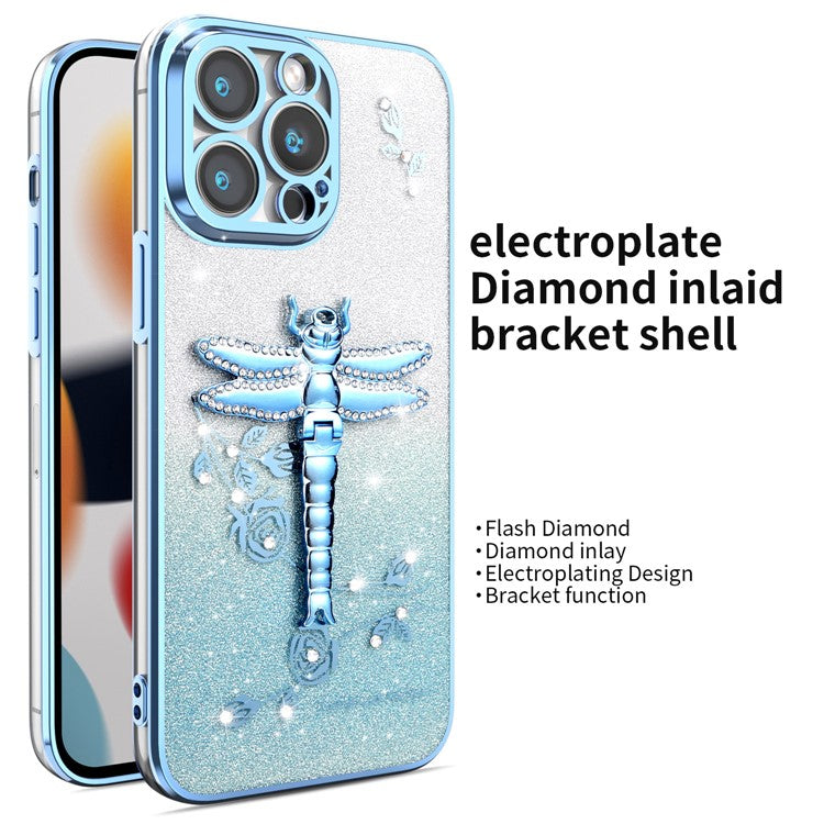 KADEM For iPhone 14 Pro Case Dragonfly Kickstand TPU Flowers Glitter Phone Cover - Blue