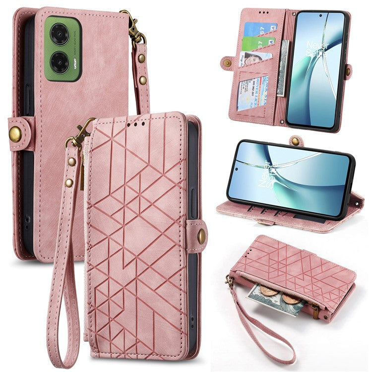 For Motorola Moto G35 5G Case Zipper Wallet Geometry Lines Leather Phone Cover - Pink