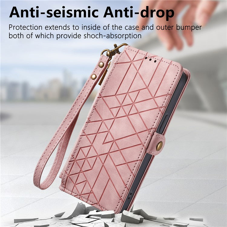 For Motorola Moto G35 5G Case Zipper Wallet Geometry Lines Leather Phone Cover - Pink