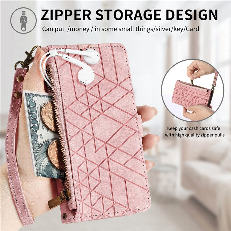 For Motorola Moto G35 5G Case Zipper Wallet Geometry Lines Leather Phone Cover - Pink