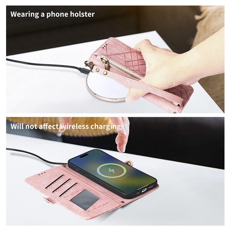 For Motorola Moto G35 5G Case Zipper Wallet Geometry Lines Leather Phone Cover - Pink
