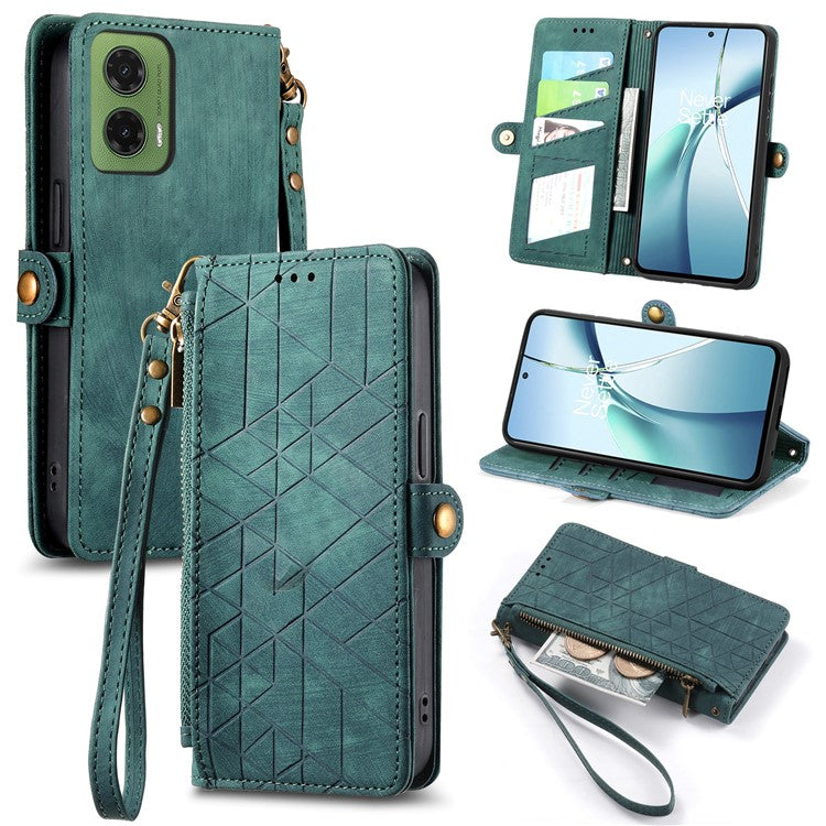 For Motorola Moto G35 5G Case Zipper Wallet Geometry Lines Leather Phone Cover - Green