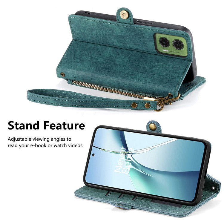 For Motorola Moto G35 5G Case Zipper Wallet Geometry Lines Leather Phone Cover - Green