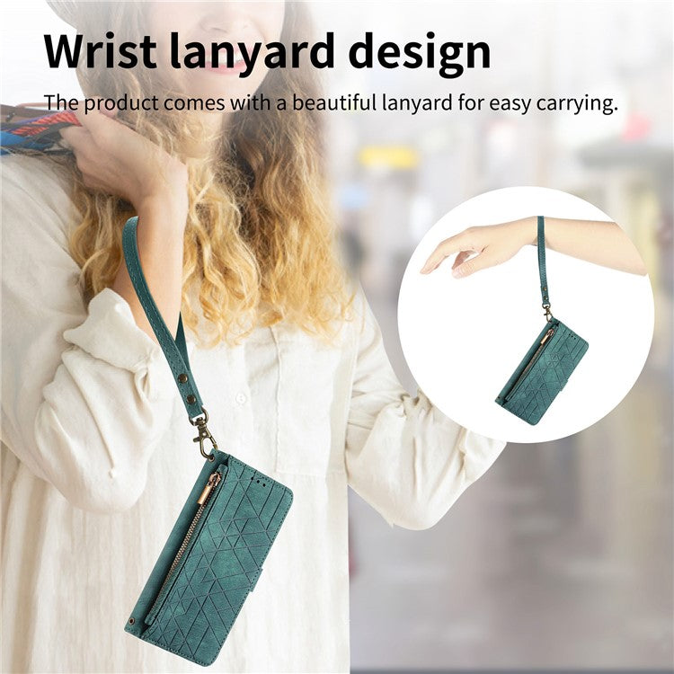 For Motorola Moto G35 5G Case Zipper Wallet Geometry Lines Leather Phone Cover - Green