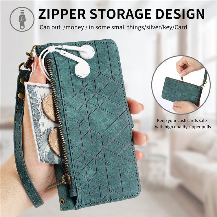 For Motorola Moto G35 5G Case Zipper Wallet Geometry Lines Leather Phone Cover - Green