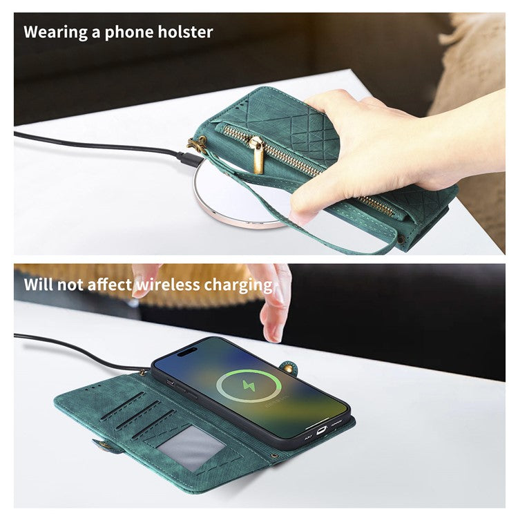 For Motorola Moto G35 5G Case Zipper Wallet Geometry Lines Leather Phone Cover - Green
