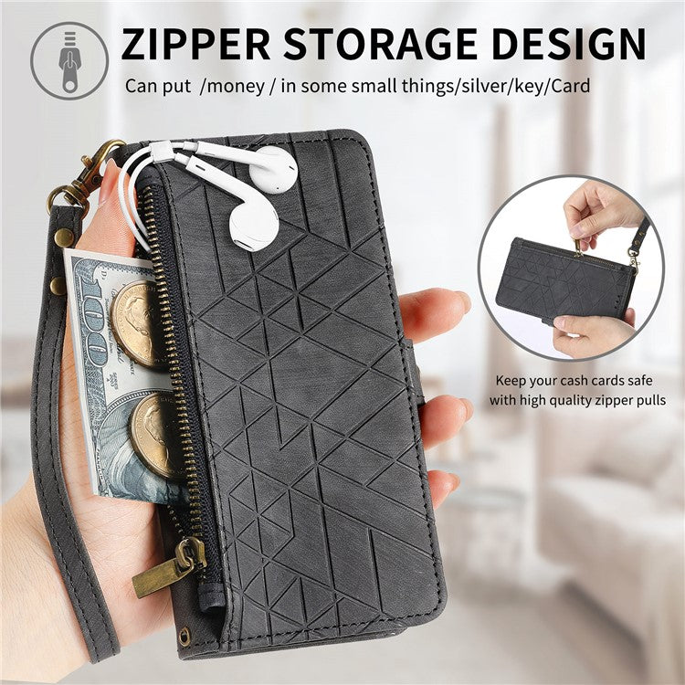 For Motorola Moto G35 5G Case Zipper Wallet Geometry Lines Leather Phone Cover - Black