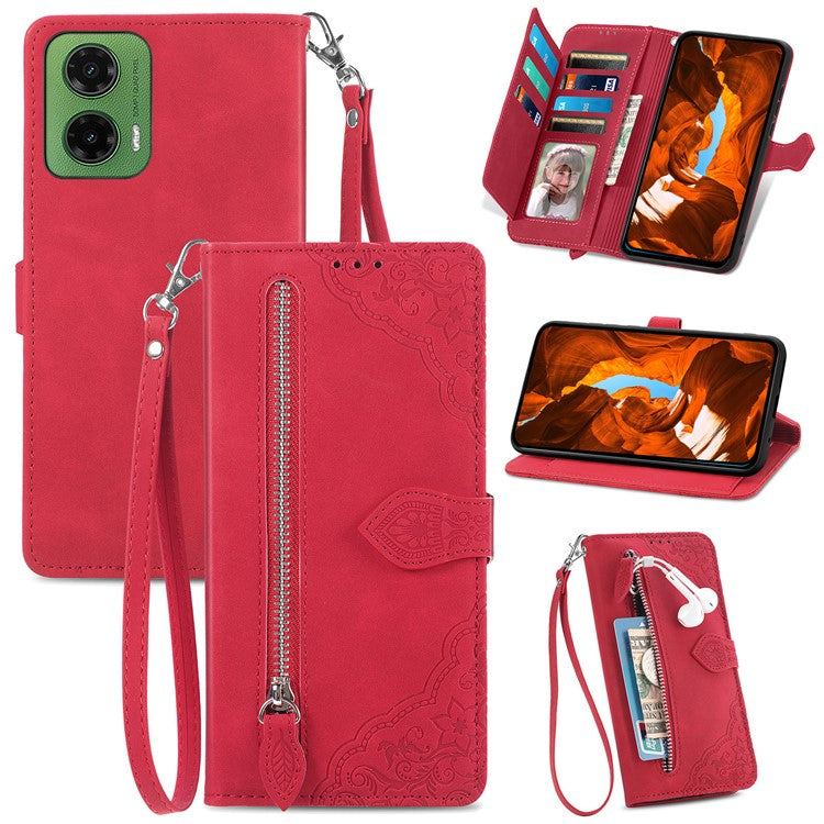 For Motorola Moto G35 5G Case Zipper Wallet PU Leather Flower Imprint Phone Cover - Red