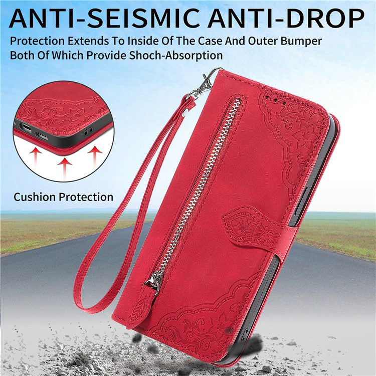 For Motorola Moto G35 5G Case Zipper Wallet PU Leather Flower Imprint Phone Cover - Red