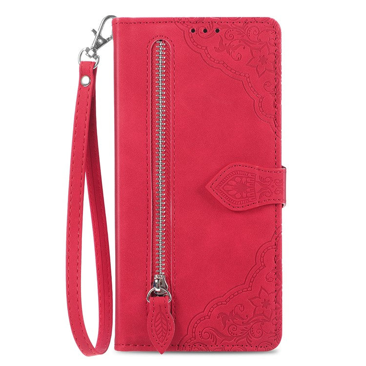 For Motorola Moto G35 5G Case Zipper Wallet PU Leather Flower Imprint Phone Cover - Red
