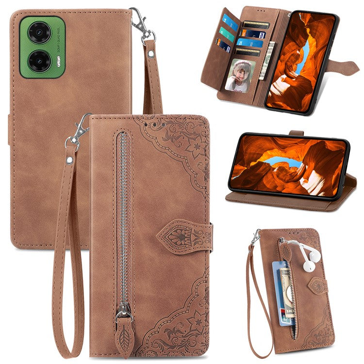 For Motorola Moto G35 5G Case Zipper Wallet PU Leather Flower Imprint Phone Cover - Brown