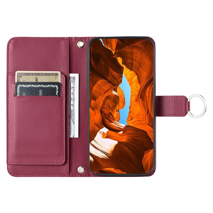 For iPhone 14 / 13 Crossbody Leather Case Ring Buckle Wallet Stand Rhombus Mobile Cover - Red