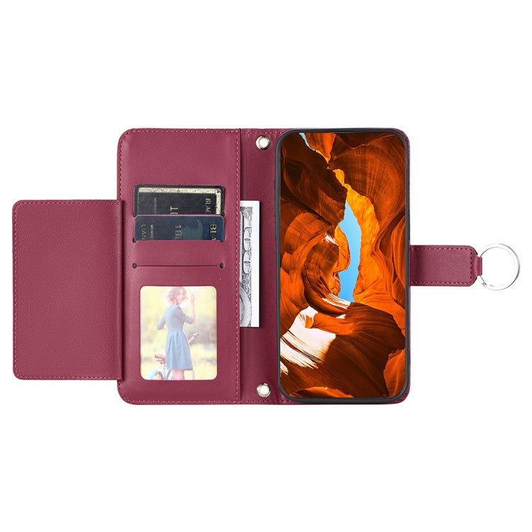 For iPhone 14 / 13 Crossbody Leather Case Ring Buckle Wallet Stand Rhombus Mobile Cover - Red