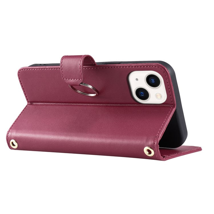For iPhone 14 / 13 Crossbody Leather Case Ring Buckle Wallet Stand Rhombus Mobile Cover - Red