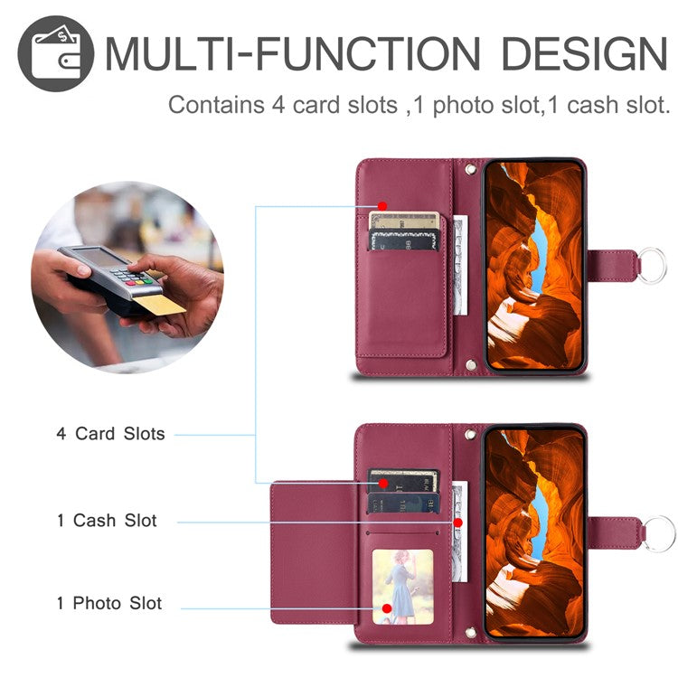 For iPhone 14 / 13 Crossbody Leather Case Ring Buckle Wallet Stand Rhombus Mobile Cover - Red