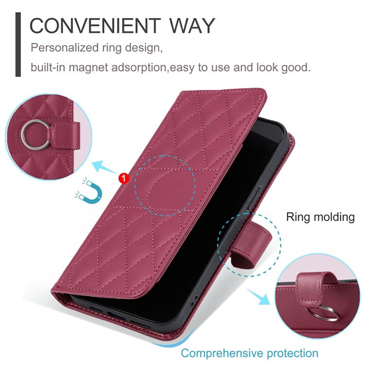 For iPhone 14 / 13 Crossbody Leather Case Ring Buckle Wallet Stand Rhombus Mobile Cover - Red