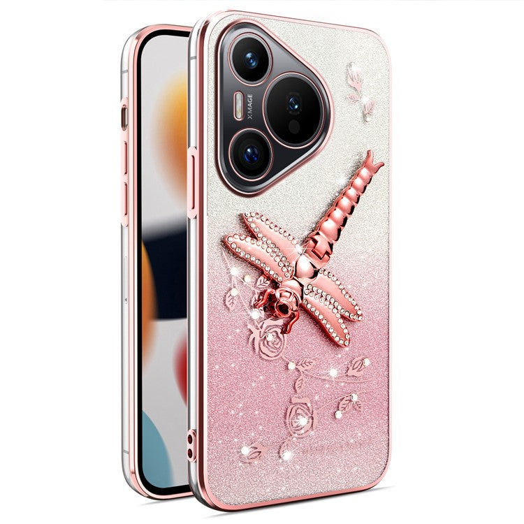 KADEM For Huawei Pura 70 Case Dragonfly Kickstand TPU Flowers Glitter Phone Cover - Pink