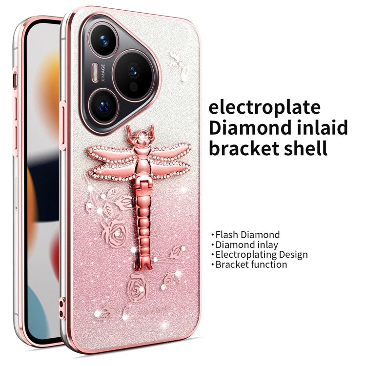 KADEM For Huawei Pura 70 Case Dragonfly Kickstand TPU Flowers Glitter Phone Cover - Pink