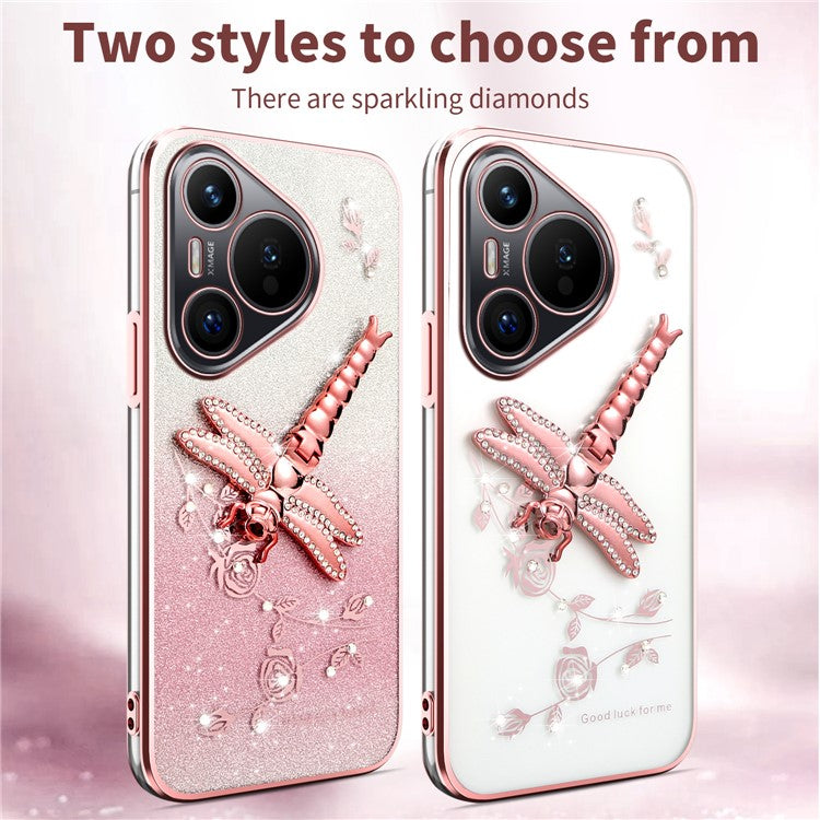 KADEM For Huawei Pura 70 Case Dragonfly Kickstand TPU Flowers Glitter Phone Cover - Pink