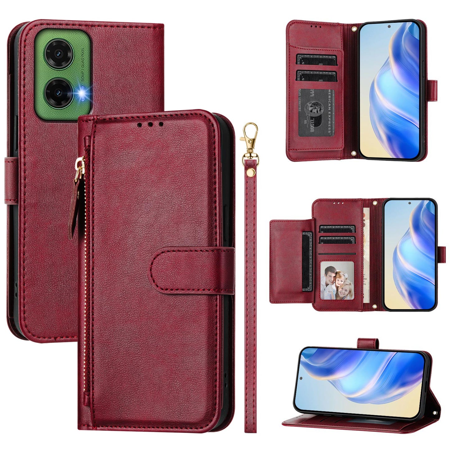 For Motorola Moto G35 5G Case Zipper Pocket Multiple Card Slots Leather Phone Cover - Red