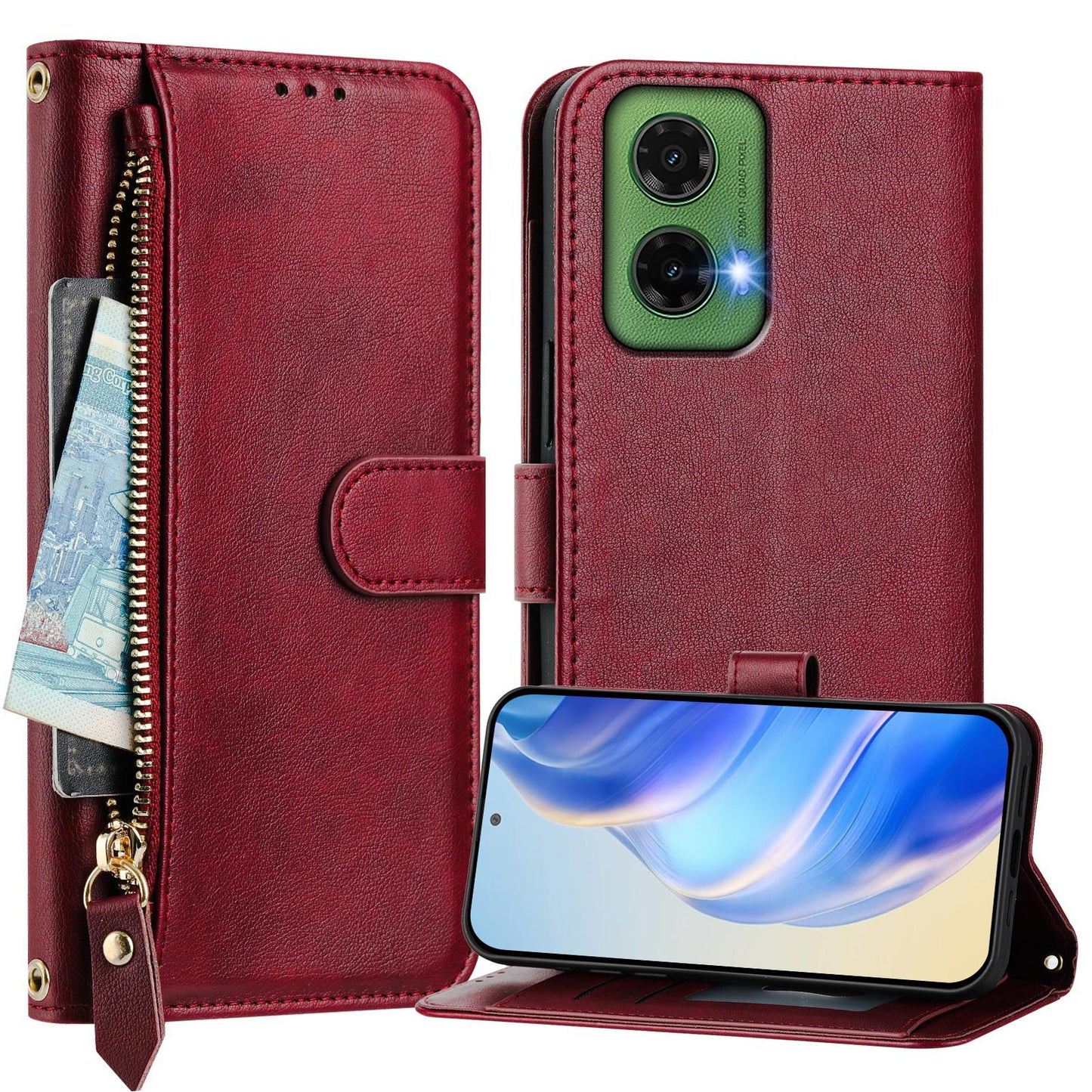 For Motorola Moto G35 5G Case Zipper Pocket Multiple Card Slots Leather Phone Cover - Red