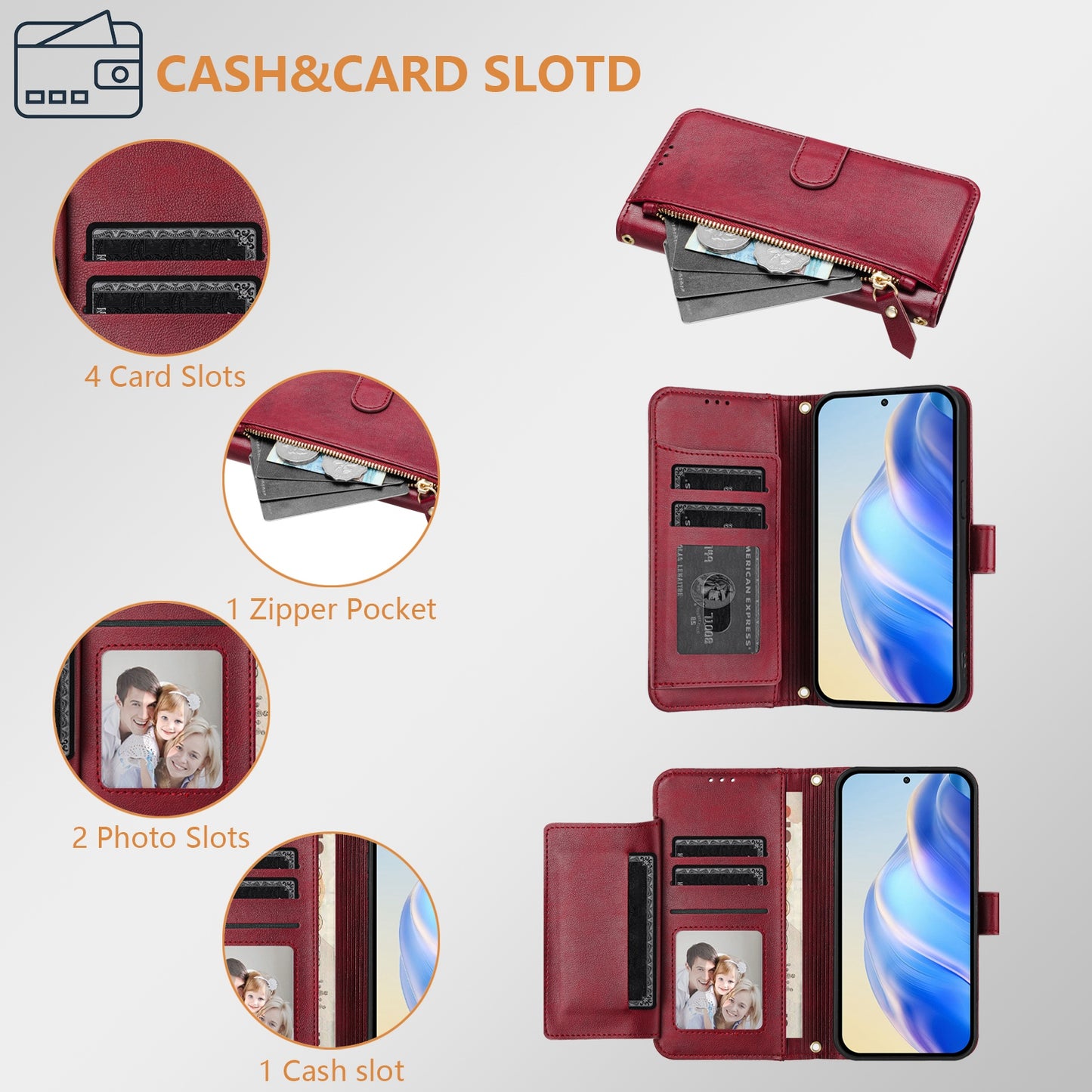 For Motorola Moto G35 5G Case Zipper Pocket Multiple Card Slots Leather Phone Cover - Red