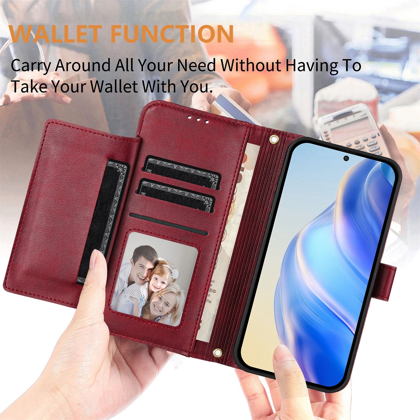 For Motorola Moto G35 5G Case Zipper Pocket Multiple Card Slots Leather Phone Cover - Red