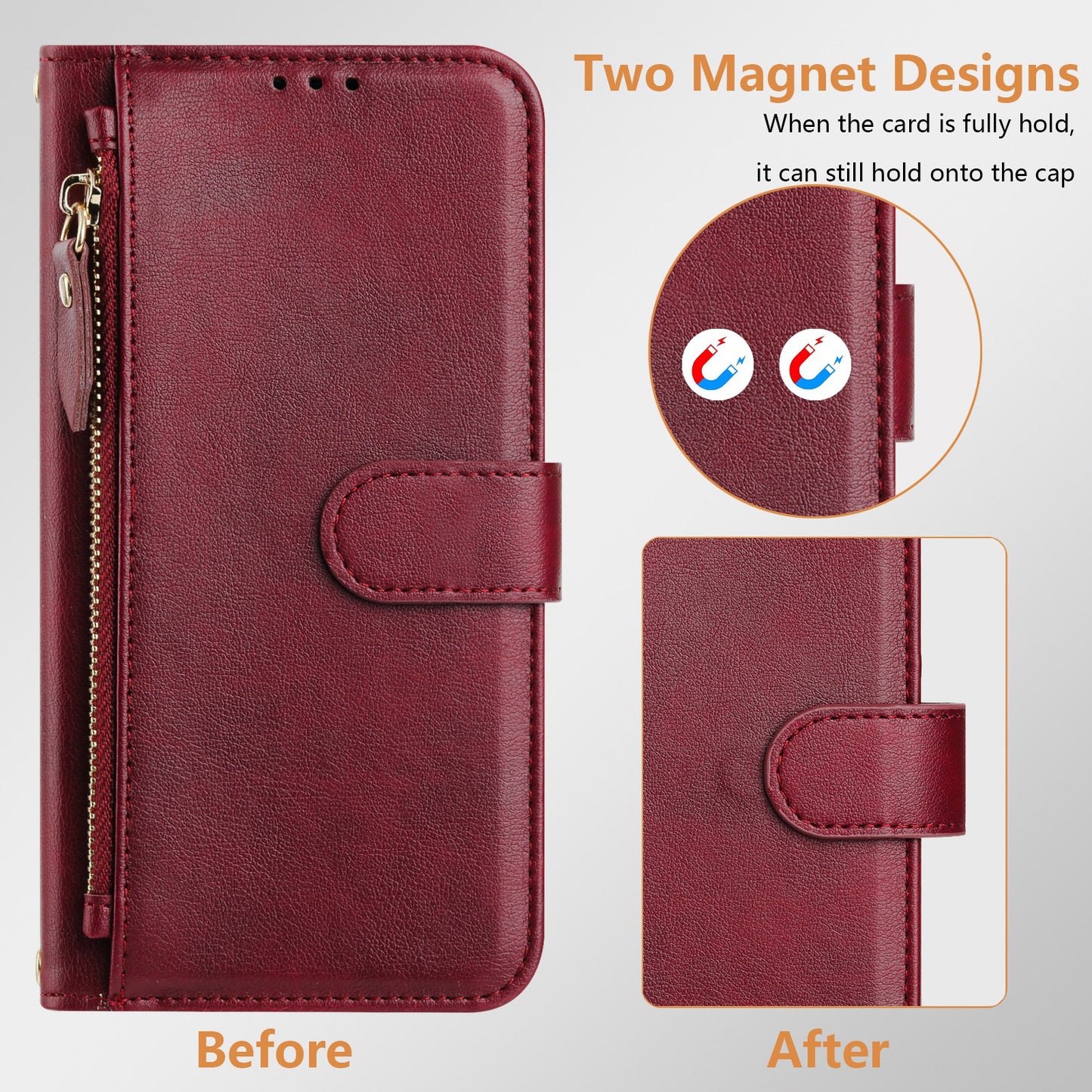 For Motorola Moto G35 5G Case Zipper Pocket Multiple Card Slots Leather Phone Cover - Red