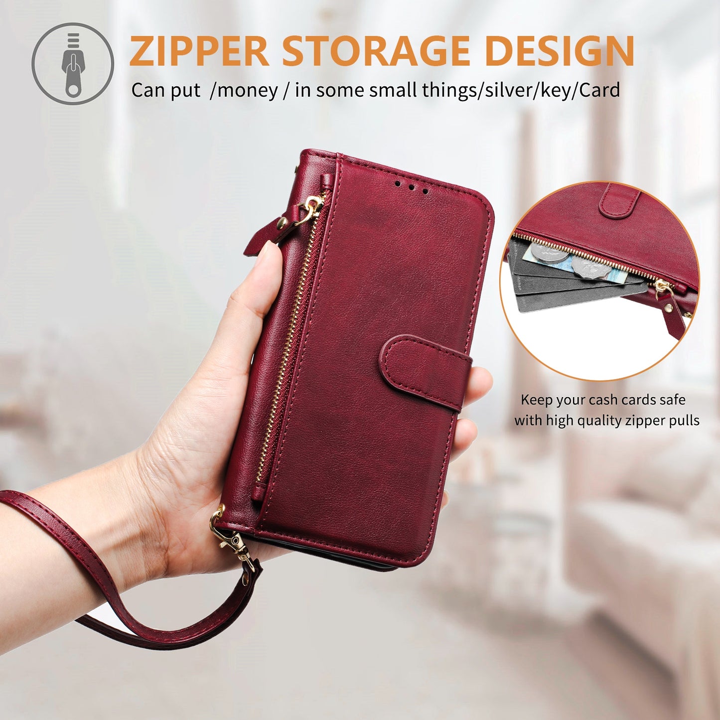 For Motorola Moto G35 5G Case Zipper Pocket Multiple Card Slots Leather Phone Cover - Red