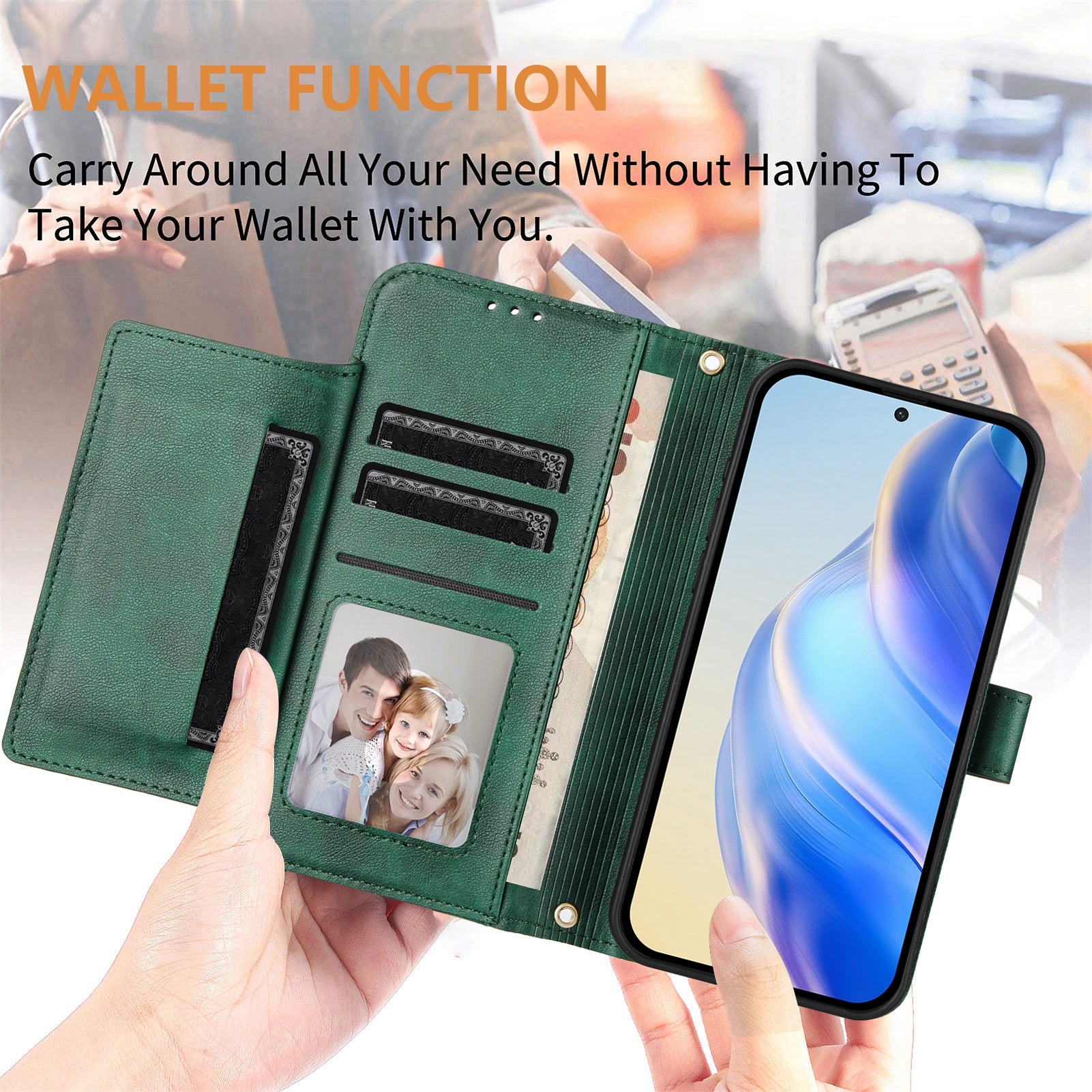 For Motorola Moto G35 5G Case Zipper Pocket Multiple Card Slots Leather Phone Cover - Green