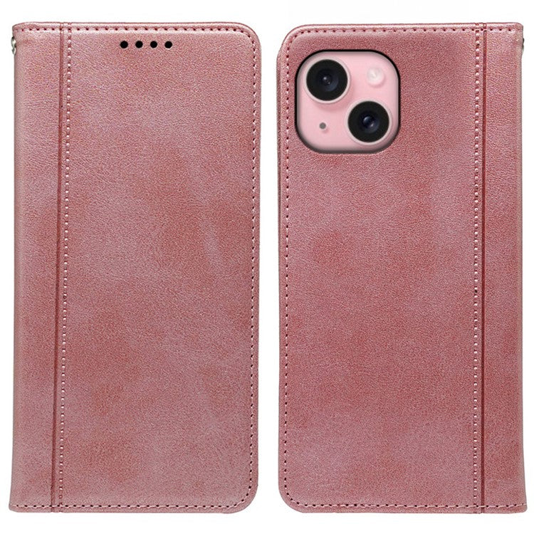 For iPhone 14 Case Hidden Magnetic Closure Calf Texture Leather Phone Cover - Rose Gold