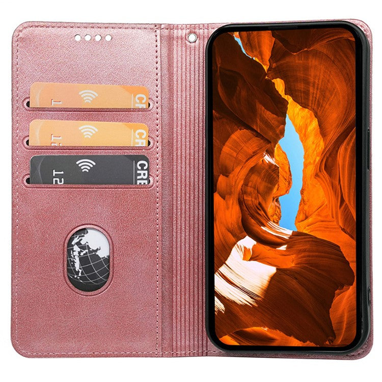 For iPhone 14 Case Hidden Magnetic Closure Calf Texture Leather Phone Cover - Rose Gold