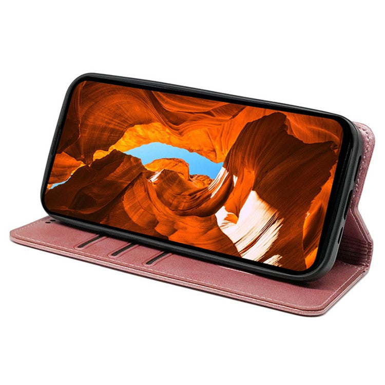 For iPhone 14 Case Hidden Magnetic Closure Calf Texture Leather Phone Cover - Rose Gold