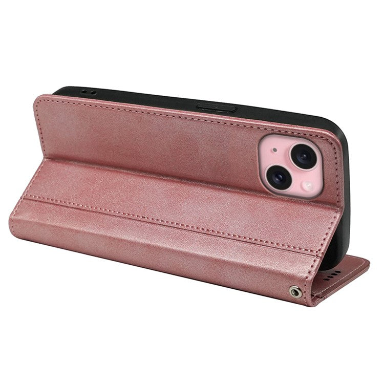 For iPhone 14 Case Hidden Magnetic Closure Calf Texture Leather Phone Cover - Rose Gold