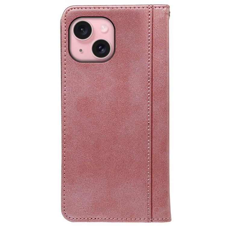 For iPhone 14 Case Hidden Magnetic Closure Calf Texture Leather Phone Cover - Rose Gold