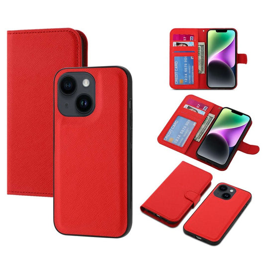 For iPhone 14 Cross Texture Wallet Stand Leather Protective Cover Detachable TPU Back Case - Red
