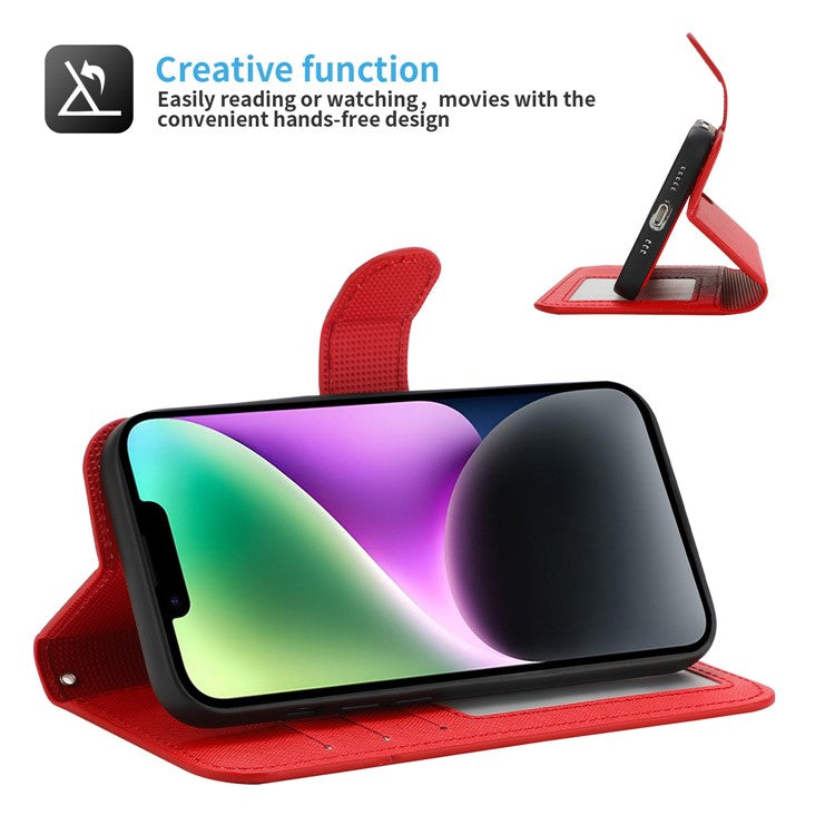 For iPhone 14 Cross Texture Wallet Stand Leather Protective Cover Detachable TPU Back Case - Red