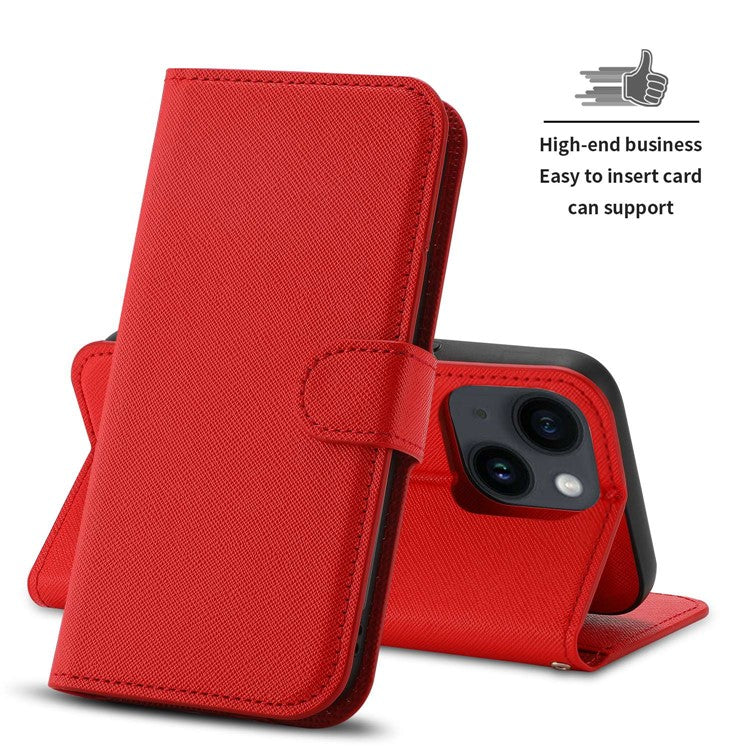 For iPhone 14 Cross Texture Wallet Stand Leather Protective Cover Detachable TPU Back Case - Red